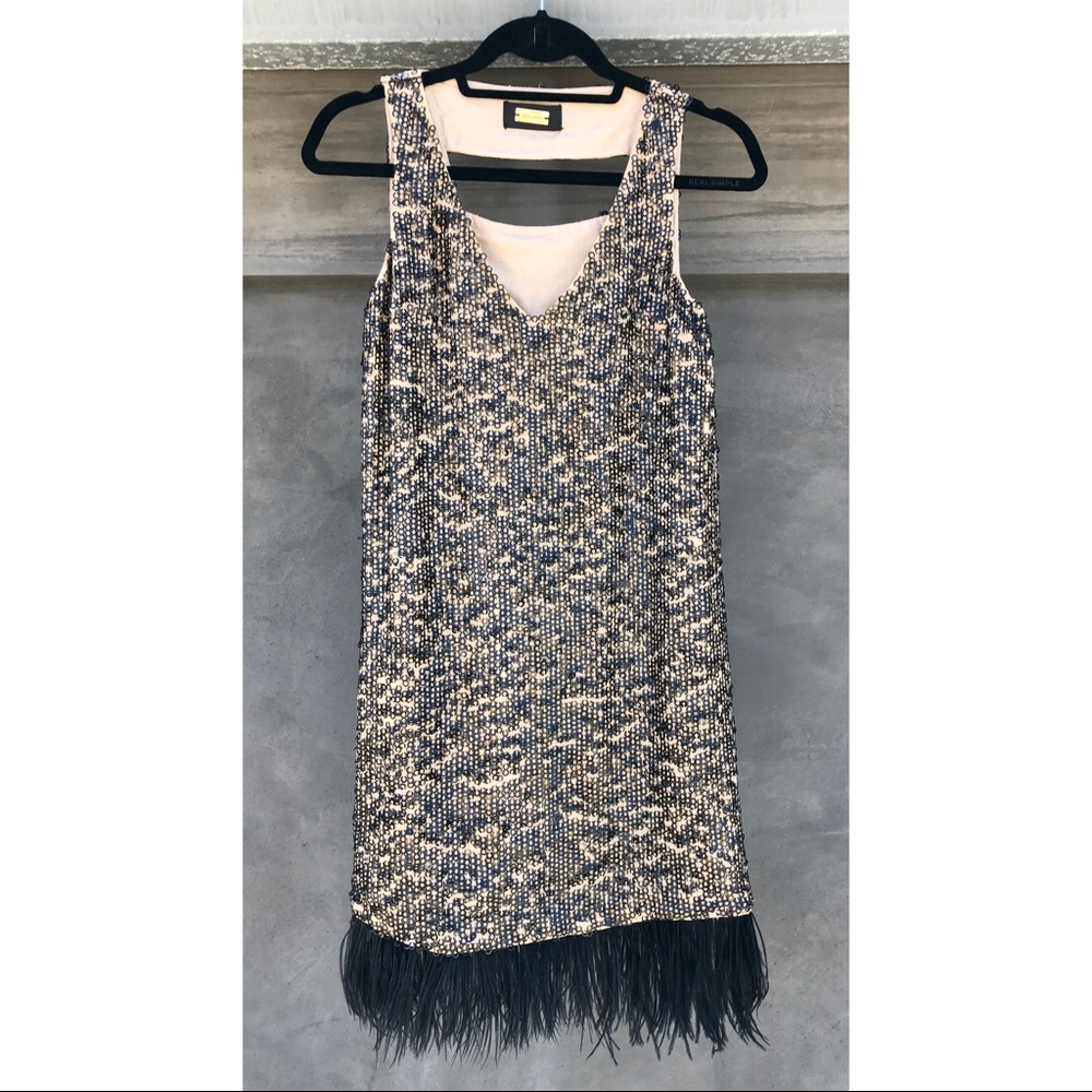 Alexia Advor black sequin dress with feather hem